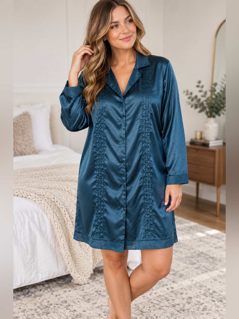TU Teal Satin Button-Front Nightshirt in Teal Size L Quiet Luxury Minimalist